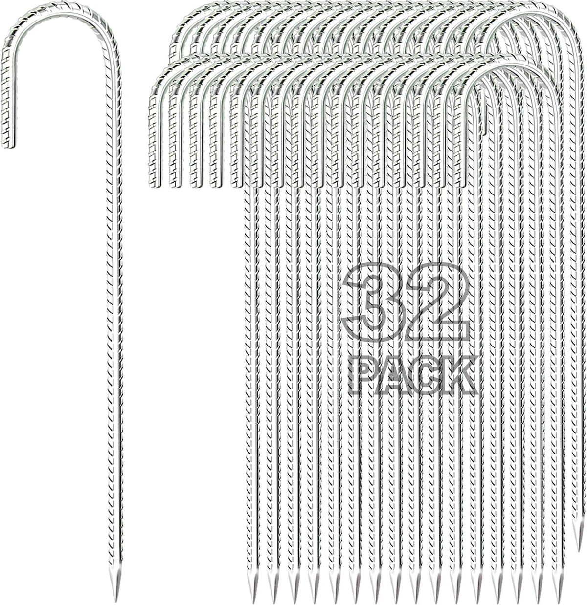Kadrick Rebar Stakes 12 inch,J Hook Ground Stakes Anchors, 32-Pack White Galvanized Fence Stakes,Heavy Duty 5/16'' Diameter