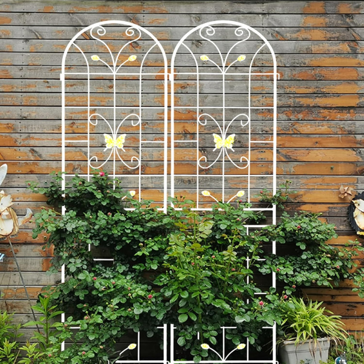 2 Pack Metal Garden Trellis 86.7" Black Fence Rustproof Garden Trellis for Climbing Plants Support Roses Flower Outdoor Lawn, Cream White