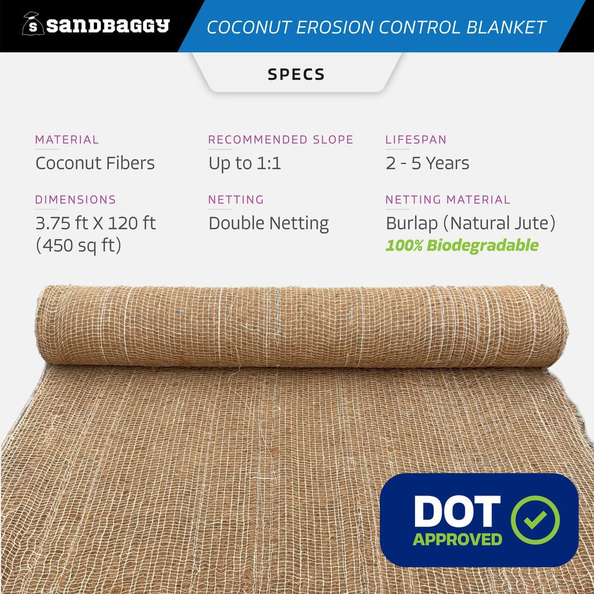 Sandbaggy Coconut Erosion Control Blanket – 3.75 ft x 120 ft Coir Mat for Soil Retention, Slope Stabilization, Plant Growth & Ground Cover – Ideal for Hillsides & DOT Projects - 5 Rolls (2,250 sq ft)
