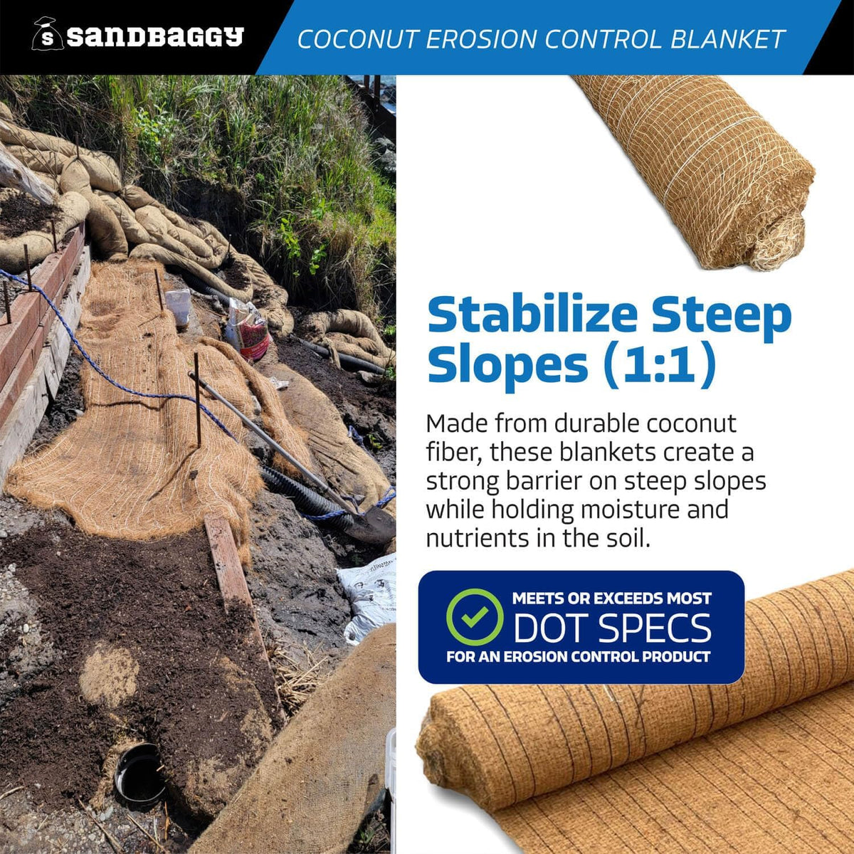 Sandbaggy Coconut Erosion Control Blanket – 3.75 ft x 120 ft Coir Mat for Soil Retention, Slope Stabilization, Plant Growth & Ground Cover–Ideal for Hillsides & DOT Projects - 50 Rolls (22,500 sq ft)