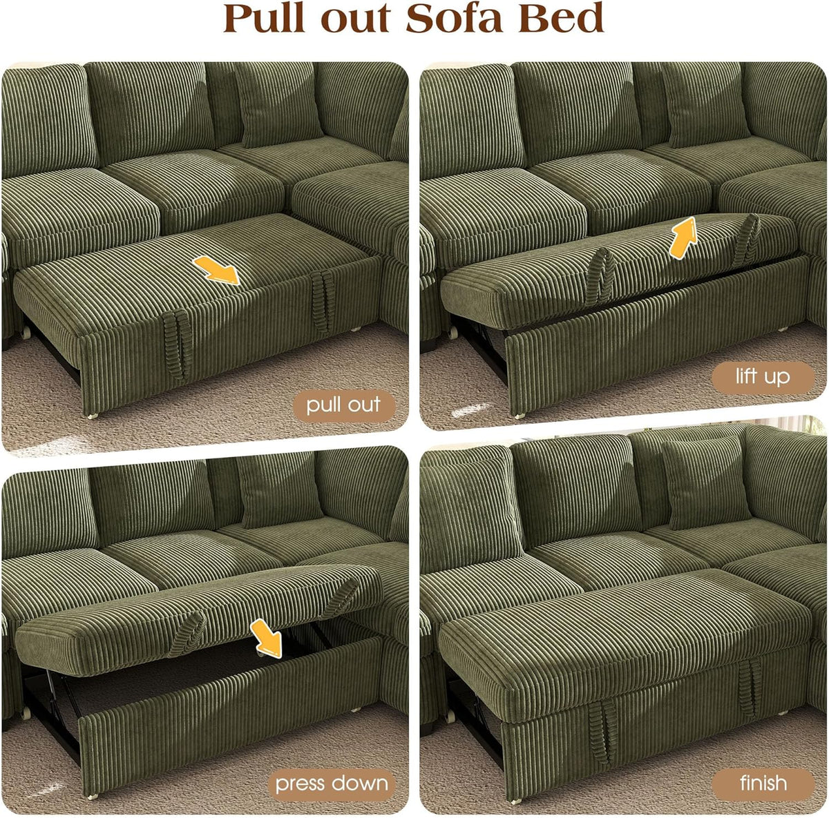 Ihanherry 7-Seater Large Sectional Sofa Bed with Storage Ottoman & Lovescat, Corduroy Modular Sleeper Sofa Set with USB Port & 4 Pillows, 106" U-Shaped Convertible Couch for Living Room(Green)