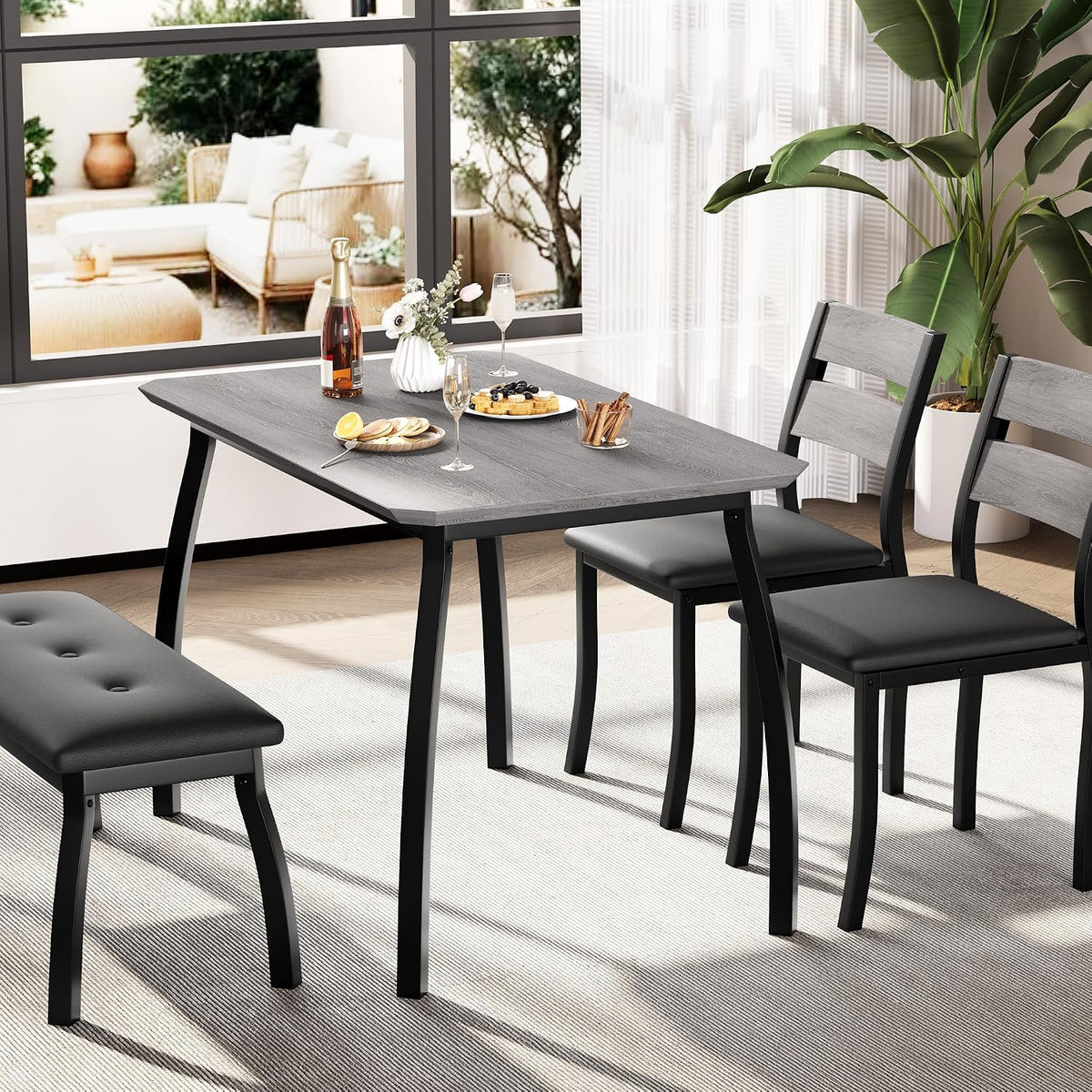 IDEALHOUSE 43'' Dining Table Set for 4, Wooden Kitchen Table with Upholstered Bench & 2 Cushion Chairs, Industrial Dinette Set for Studio, Kitchen, Dining Room, Apartment, Gray