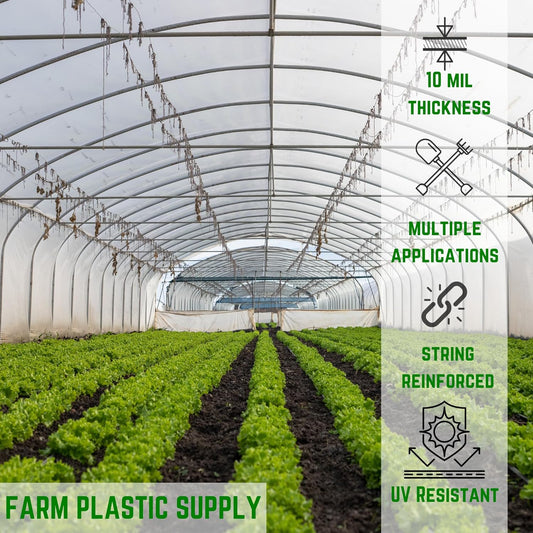 Farm Plastic Supply - String Reinforced 4 Year UV Resistant 10 mil Clear Greenhouse Plastic Sheeting - 4 Year UV Resistant Polyethylene Greenhouse Film, Hoop House Green House Cover (32' x 50')
