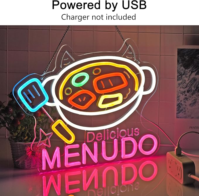 CNBEYOUNG Menudo Neon Sign, Neon Lights Hanging Wall Art Decoration for Mexican Restaurant Shop Bar Cafe Kitchen Party Home Decor, USB Powered Ultra Bright Dimmable,15.43x 12.2inches