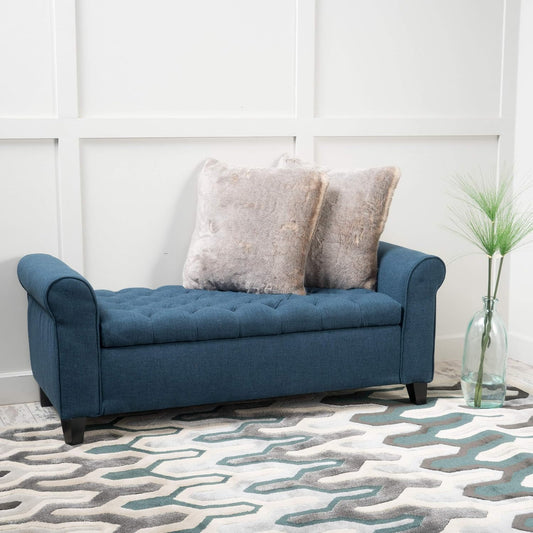 GDF Studio Keiko Fabric Armed Storage Bench, Dark Blue, Dimensions: 19.75”D x 50.00”W x 20.5”H