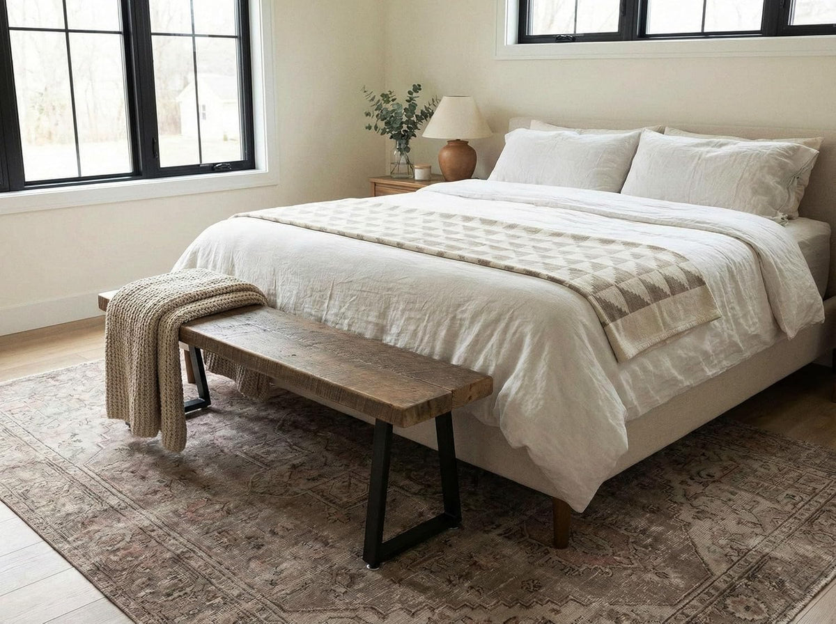 Rustic Revival Reclaimed Barnwood Bench, Solid Wood with Metal Base, Modern Farmhouse Style, 2-Inch Thick Top, for Entryway, Bedroom, Living Room (30x12)