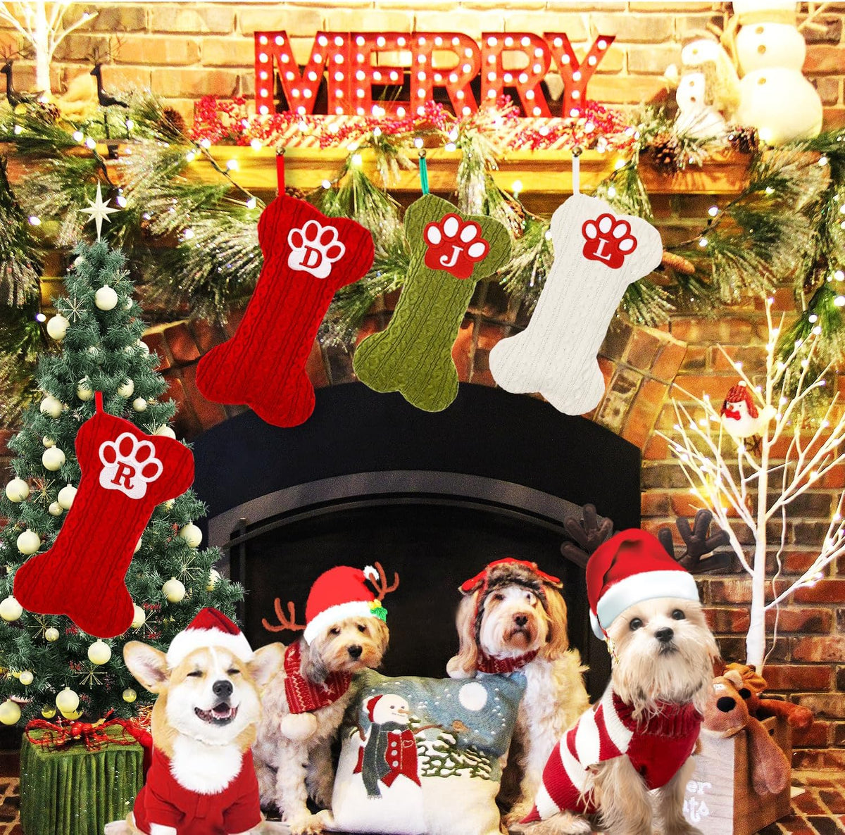 Dog Stocking with Initials,Bone Christmas Stocking with Letters,Large Knit Embroidered Monogram Christmas Stocking for Dogs Cats,Xmas Stockings for Pets Red M