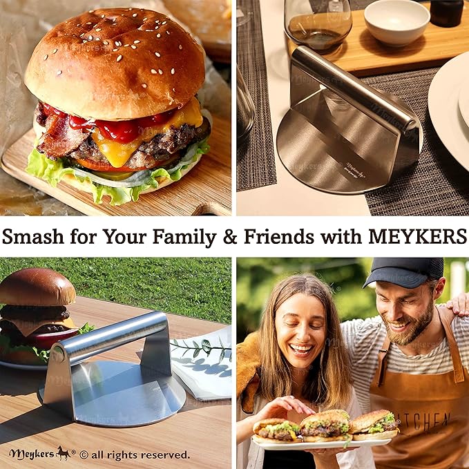 Meykers Burger Smasher 6.3" Smash Press Hamburger & 100 Patty Paper | for Griddle Grill Pan Skillet | Weight Gain Flat Presser Smashburger Maker 304 Stainless Steel | Meat Bacon Sandwich Tool Kit