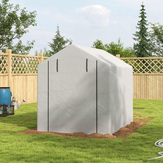 Outsunny 8' x 6' x 7' Walk-in Greenhouse, PE Cover, 4-Tier Shelves, Steel Frame Hot House, Roll-Up Zipper Door for Flowers, Vegetables, Saplings, Tropical Plants, White