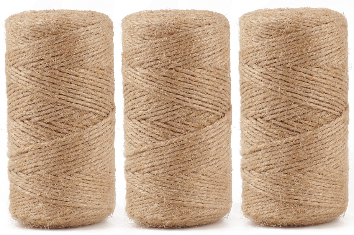 984 FT Natural Jute Twine, 3ply Thin Ribbon Hemp Twine for Gardening, Plant, Gift Wrapping, Art, Wedding Decoration, Packing, Bulk (3 Roll)