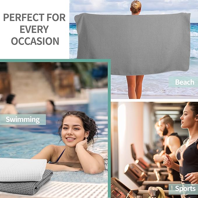 New Microfiber Waffle Bath Towels, 2 Pieces, Oversized, Soft, Absorbent, Fast Drying, Lint Free (Gray+White)