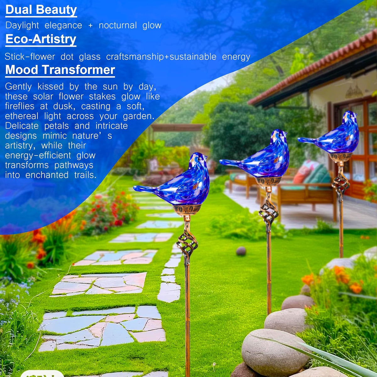 Decorative Solar Lights, Outdoor Solar Bird Stake Lights, Hand Blown Glass Decorative Garden Pathway Lights Outdoor Waterproof Glass Stakes (Dark Blue)