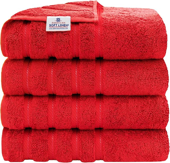 American Soft Linen Luxury 4 Piece Bath Towel Set, 600 GSM 100% Cotton Turkish Bath Towels for Bathroom, 27x54 in Large Bathroom Shower Towels, Red