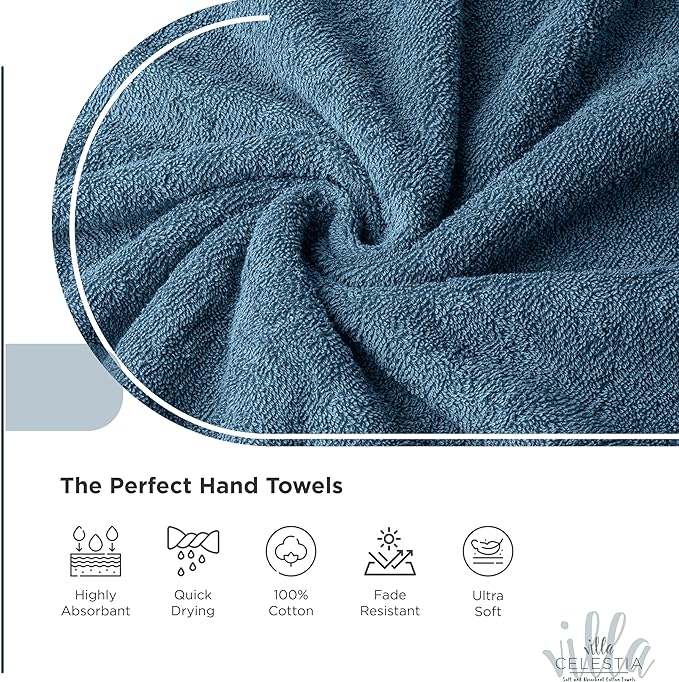 100% Cotton Hand Towel Set of 2, (16 x 28 inches) Sustainable, Soft, Highly Absorbent, Quick Drying, Combed Cotton Hand Towels Pack of 2 Ideal for Hotels, Spa, Bathroom, Dorm, Blue