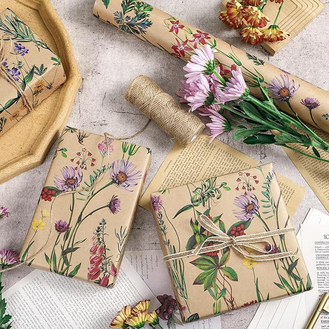 RUSPEPA 30" X 100' Wildflower Floral Wrapping Paper Large Kraft Paper Roll for Women, Jumbo Roll, Herbal Kraft Wrapping Paper for Christian Gifts, Birthdays, Weddings, Bridal Shower and Engagement