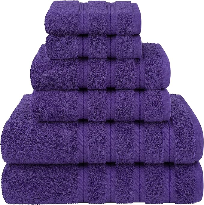 American Soft Linen Luxury 6 Piece Towel Set, 2 Bath Towels 2 Hand Towel 2 Washcloths, 600 GSM 100% Cotton Turkish Towels for Bathroom, Purple Towel Sets
