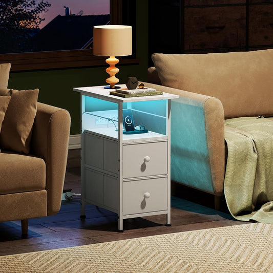 WLIVE Nightstand Set of 2 with Charging Station, End Table Sets with LED Lights, 2 Fabric Drawers and Open Shelf, Bed Side Tables Living Room, Small Space, Night Stand for Bedroom,White