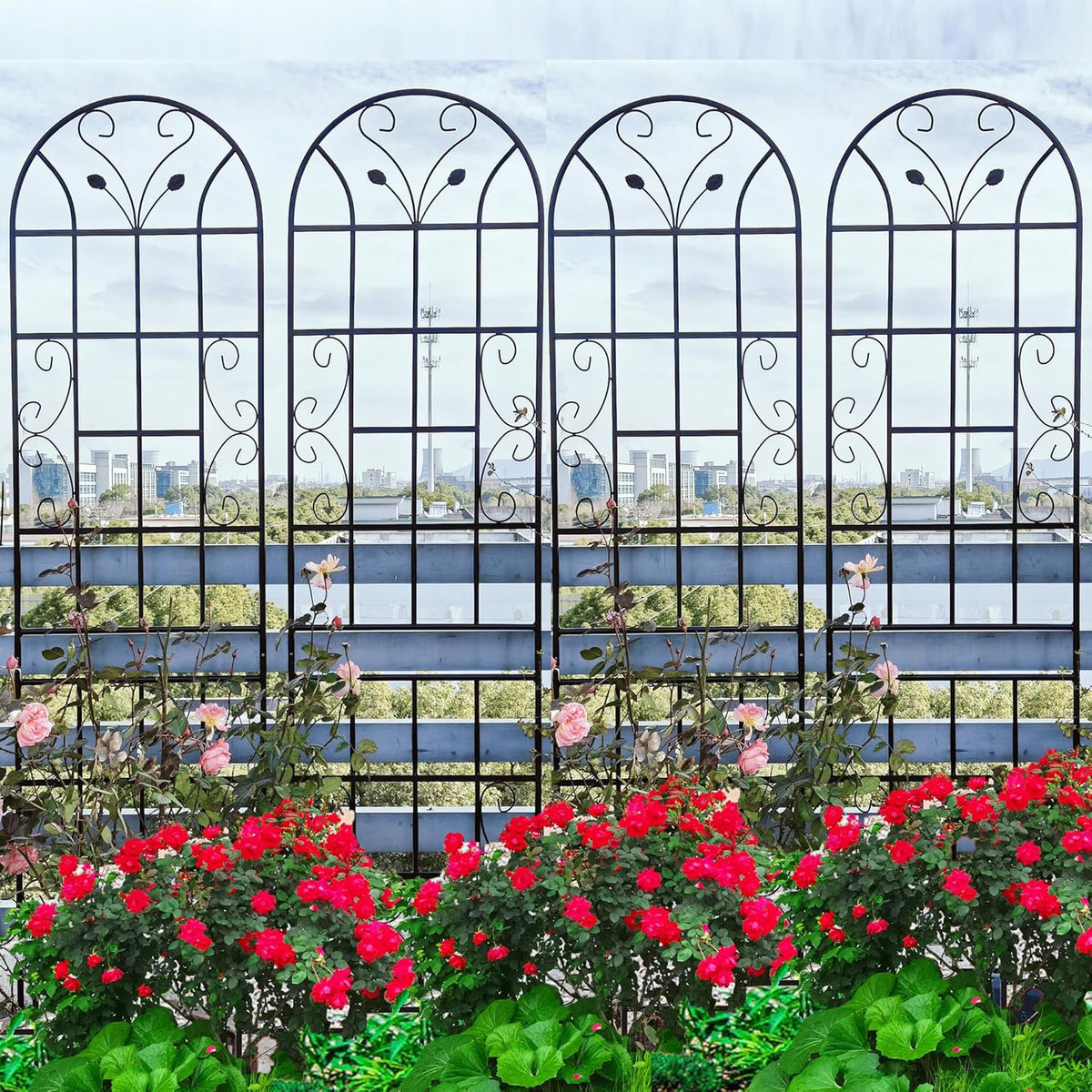 6 Pack Metal Garden Trellis 86.7" Tall Outdoor Climbing Plant Support for Roses, Flowers, Rustproof Durable Black Galvanized Tube, Lawn Garden Fence Decor Screen, 86.7" H