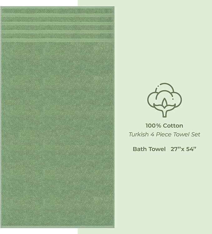 American Soft Linen Luxury 4 Piece Bath Towel Set, 600 GSM 100% Cotton Turkish Bath Towels for Bathroom, 27x54 in Large Bathroom Shower Towels, Sage Green