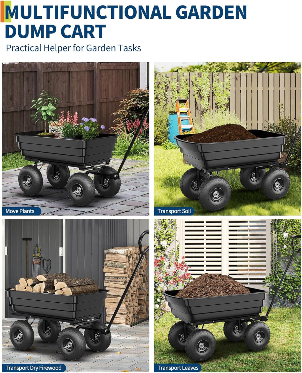 GarveeLife Poly Dump Cart - Heavy Duty 600 LBS Garden Cart with Quick-Release Dumping 10 in Tires, Utility Wagon for Yard Work, Landscaping, Gardening