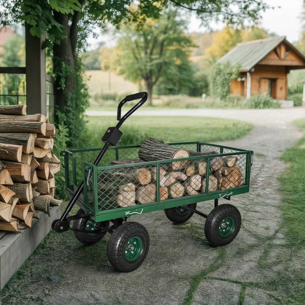 Backyard Expressions Heavy Duty 600 Lbs Capacity Mesh Steel Garden Cart Folding Utility Wagon with Removable Sides and (4) 10 Inch Wheels (Green)