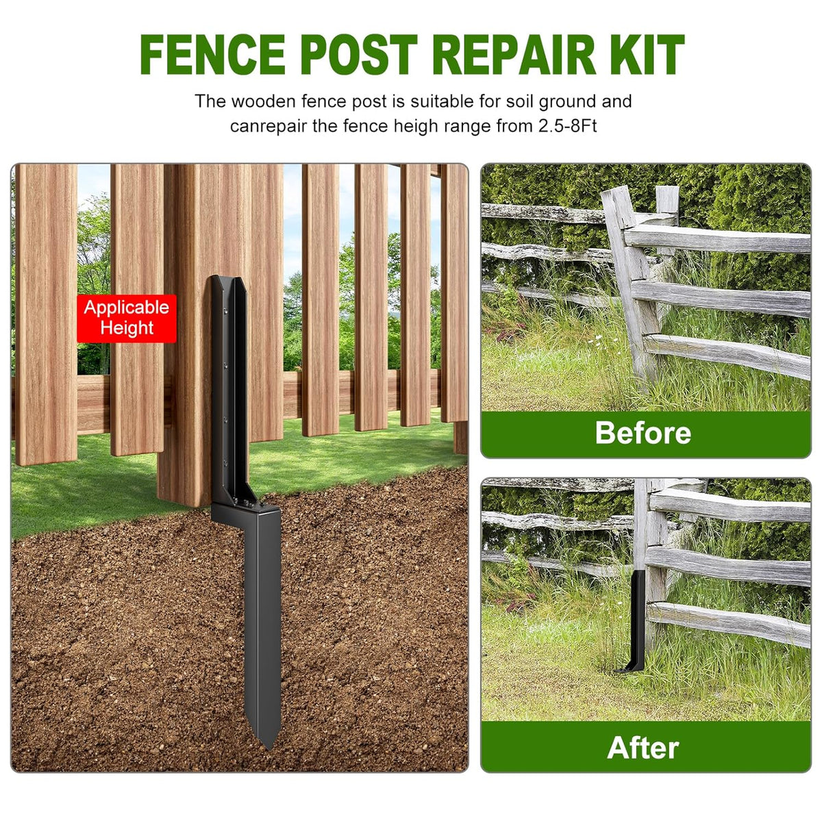 Fence Post Repair Kit,Heavy Duty Steel Fence Post Anchor Ground Spike ,Quick Fix Broken/Leaning Wood Posts with,and Fixed Fence Posts(4-Pack)