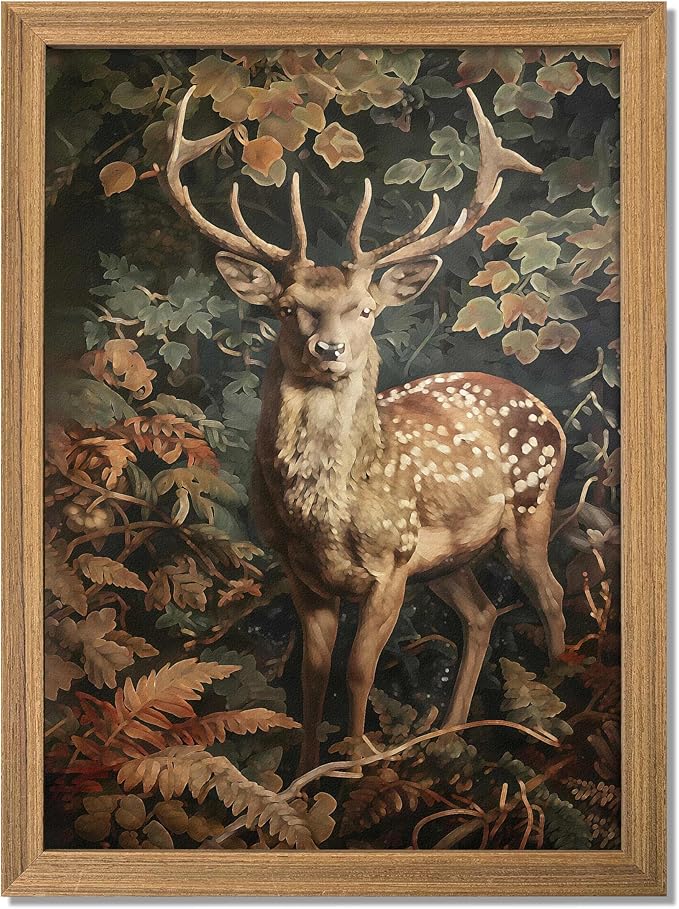 AKWISH Framed 3D Textured Vintage Wall Art - Dark Academia Decor Sika Deer Hand Drawn Sandstone Paintings with Botanical Florals, Aesthetic Wall Decor for Living Room Bedroom Home 12x16 inch
