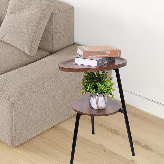 Side Table Small End Table, Oval Round Wood Sofa Table, 2 Tier Accent Table Nightstand Bedside Table with Metal Frame for Living Room, Bedroom, Small Spaces (Rustic Brown)