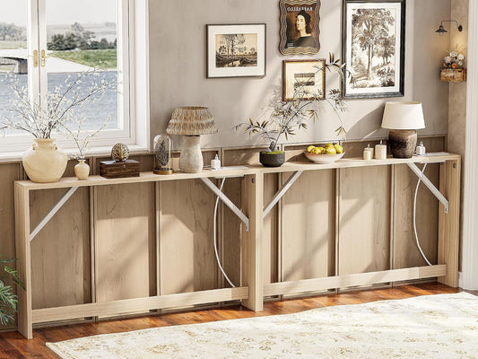TIQLAB 5.9 Inch Narrow Console Table with Power Outlet,Sofa Table Set of 2,Total Length 94'' Sofa Table Behind Couch,for Entryway&Living Room, Light Walnut