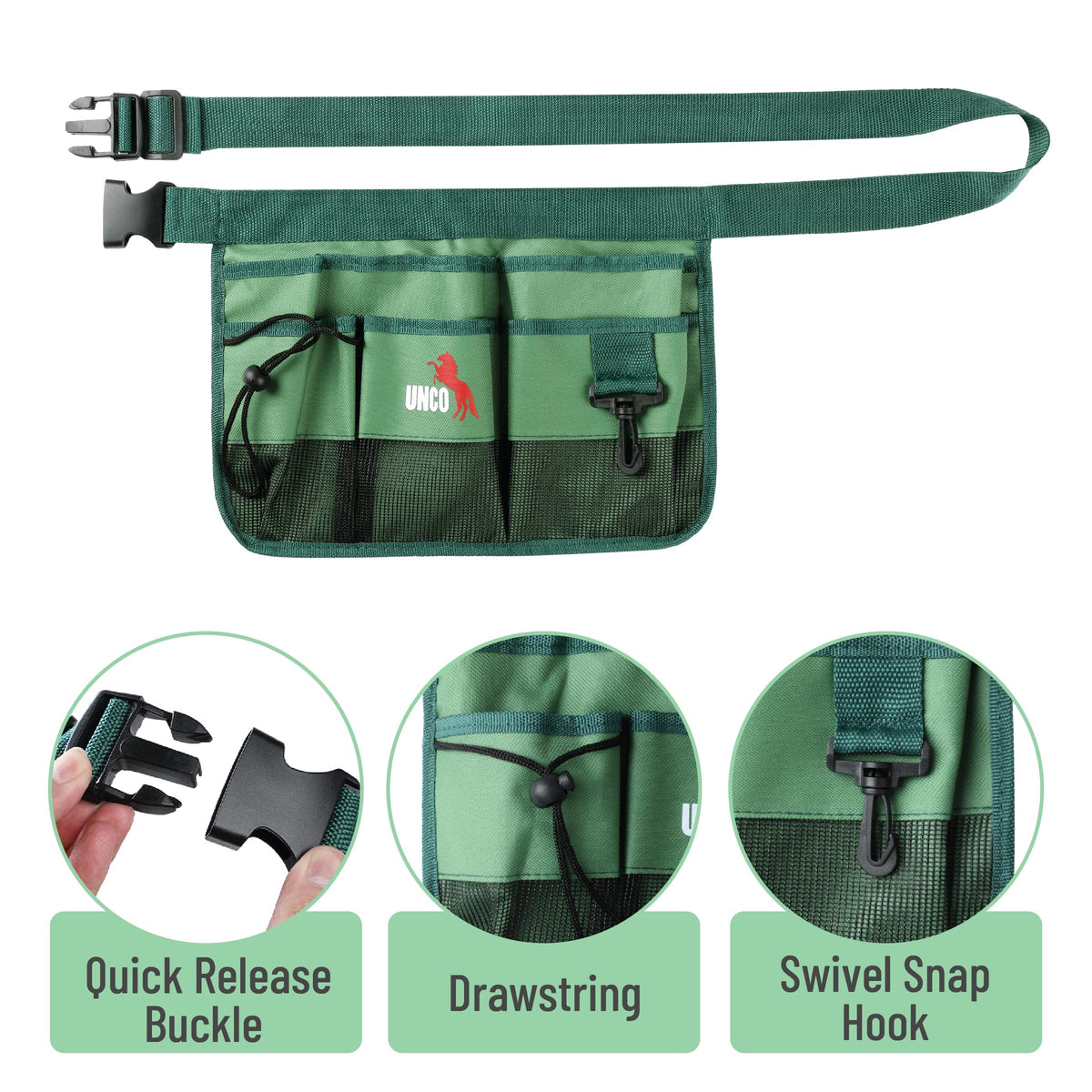 UNCO- Adjustable Gardening Belt, Green, 7 Pockets, Wear, Cut and Water Resistant, Garden Tool Belt Pouch, Waist Apron with Pockets