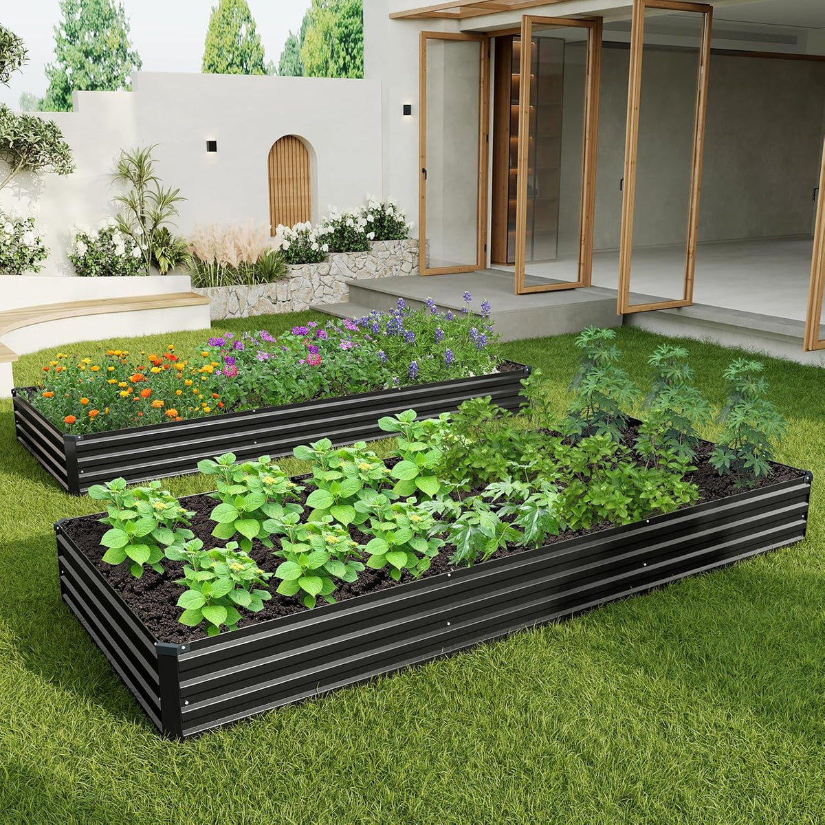 12×4×1FT(2PCS) Galvanized Raised Garden Bed Kit, Metal Planter Boxes,Large Outdoor Planters Garden for Planting Vegetables,Flowers,Herbs -Black