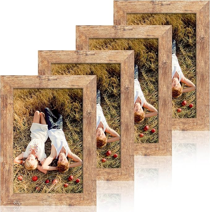 6x9 Picture Frame Set of 4, High Definition Real Glass Rustic Brown Frame, 6 x 9 Wood Photo Frames for Tabletop Display and Wall Mounting