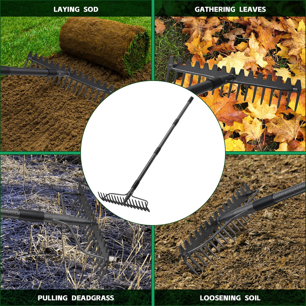 63'' Bow Rake ,17 Tines Metal Head Rakes with Stainless Steel Handle,Heavy Duty Garden Rake for Loosening Soil Gathering Leaf Leveling Lawn Farming Land Management Yarn Thatch Rake