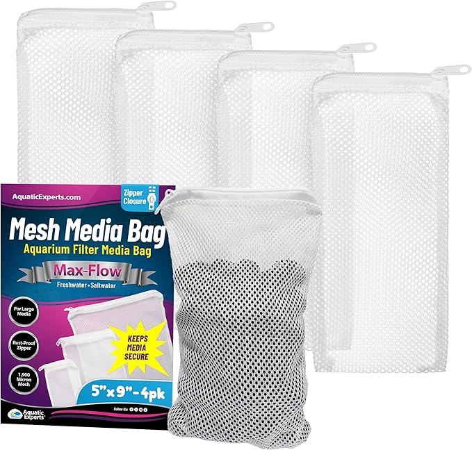 Aquatic Experts Max Flow Filter Media Bags - Secure Zipper Bags for Fish Tank, Aquarium and Pond, 5" x 9" - 4 Pack