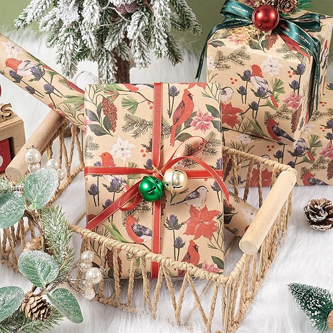 RUSPEPA Kraft Christmas Wrapping Paper Roll, Mini Roll, Watercolor Bird and Botanical Design with Flowers & Pinecones, Kraft Gift Wrap for Women, Friends, Holiday, Winter Party, 17 Inches x 16.4 Feet
