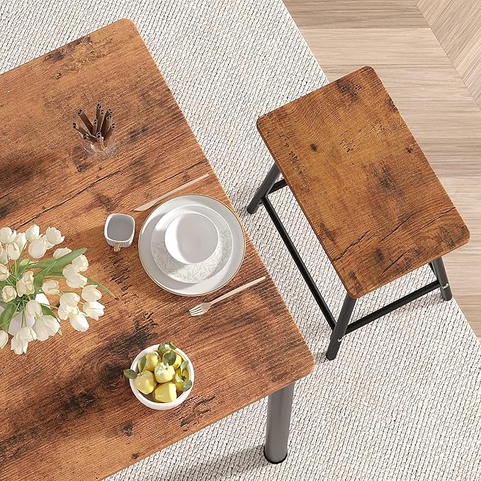 VECELO Kitchen Table and Chairs for 4, Dining Room Set with Chairs/Stools, Heavy-Duty Metal Frame with Wooden Tabletop for Small Spaces, Easy Assembly, Retro Brown