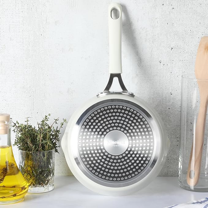 Martha Stewart Heathland 8 Inch Aluminum Fry Pan Cookware Non-Toxic Premium Ceramic Non Stick Frying Pan, Kitchen Egg Pan, Omelet Pan, Always Pan, Pots and Pans, Linen White, Induction Safe