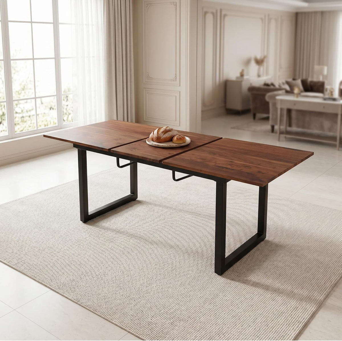 Extendable Dining Table for 4-8, 55"-71" Rectangular Kitchen Table, Modern Farmhouse Expandable Table with MDF Top, Space-Saving Wooden Table for Dining Room, Kitchen, Living Room, Office, Walnut