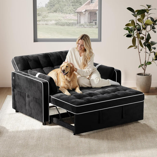 Yaheetech 3 in 1 Sofa Bed Convertible Velvet Sofa Pull Out Couch Folding Loveseat Sleeper with Adjustable Backrest, Armrest Pillows, USB Ports, Side Pockets for Living Room Bedroom Apartment, Black