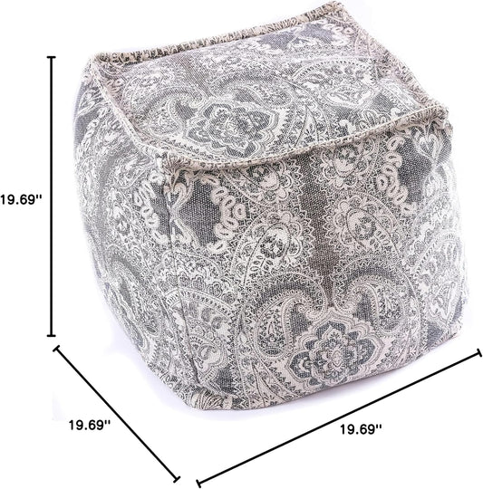 Mandala Life Art Pouf Ottoman - 20x20x20" - Foot Rest Stool - Gray Cube