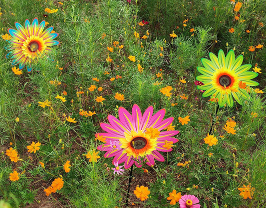 3PCS Sunflower Pinwheels Outdoor Wind Spinners, Colorful Flower Windmill Decorative Pinwheel for Garden, Yard, Party Outdoor Decor(Green, Blue, Pink)