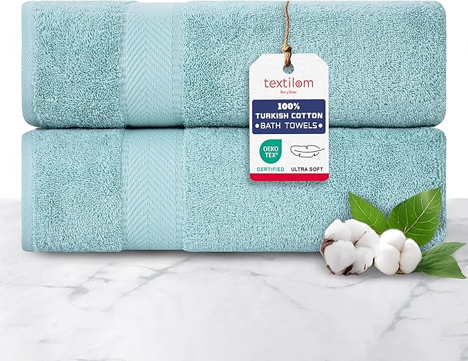 TEXTILOM 100% Turkish Cotton 2 Pcs Bath Towel Set, Luxury Bath Towels for Bathroom, Soft & Absorbent Hotel Quality Bathroom Towels Set (27 x 54 inches)- Aqua