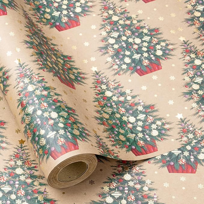 RUSPEPA Kraft Christmas Wrapping Paper Roll, Mini Roll, Gold Foil Christmas Tree Design, Elegent Kraft Gift Wrap Paper Great for Xmas Gifts, Winter and Holidays, 17 Inches X 16.4 Feet