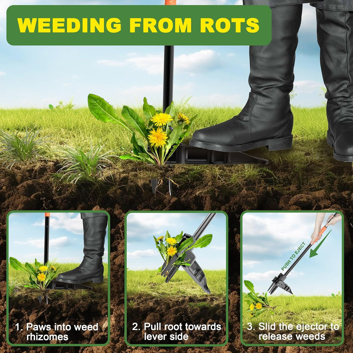 ZHENHAN Weed Puller Tool,43" Iron Stand-Up - No Bend Push-Pull Weeding Tool with Foot Pedal, Extra Long Handle Dandelion Remover for Lawn & Garden, Heavy Duty Root Extraction Tool (Black)