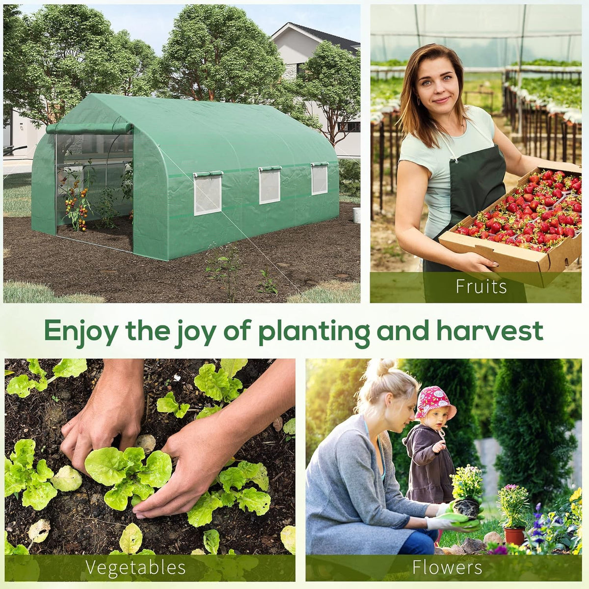 Outsunny 11.5' x 10' x 6.5' Outdoor Walk-in Greenhouse, Tunnel Green House with Roll-up Windows, Zippered Door, PE Cover, Heavy Duty Steel Frame, Green