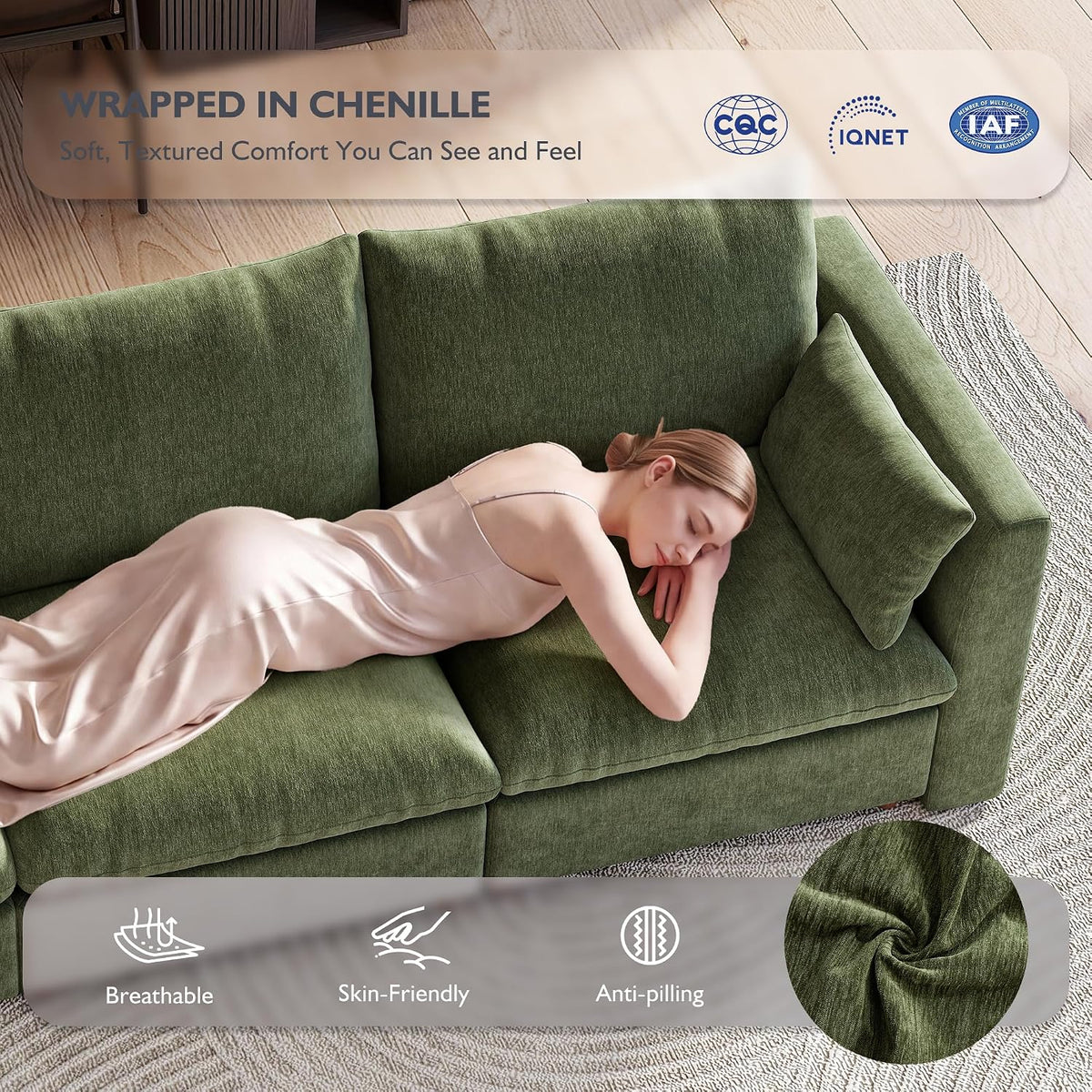 Ihanherry 111" Oversized Modular Sectional Sofa, Modern V Shaped Cloud Couch with Storage Ottoman, 6-Seat Comfy Chenille Deep Seat Sofa with 2 Pillows for Living Room, Green