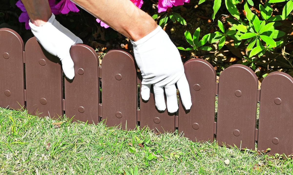 Evelyne Garden Border Plastic Edging: Wooden Fence Design - 8pcs Brown Yard Landscaping Fence Liner Lawn Edge Barrier - 10ft Kit of Decorative Lawn Panels Elements -Landscaping Edging-GMT-10374-A08