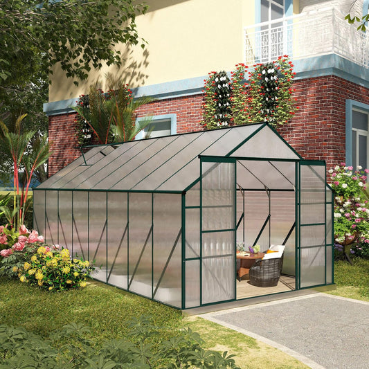 Outsunny 16' x 8' Aluminum Greenhouse Polycarbonate Walk-in Garden Greenhouse Kit with Adjustable Roof Vent, Rain Gutter and Sliding Door for Backyard, Patio, Clear