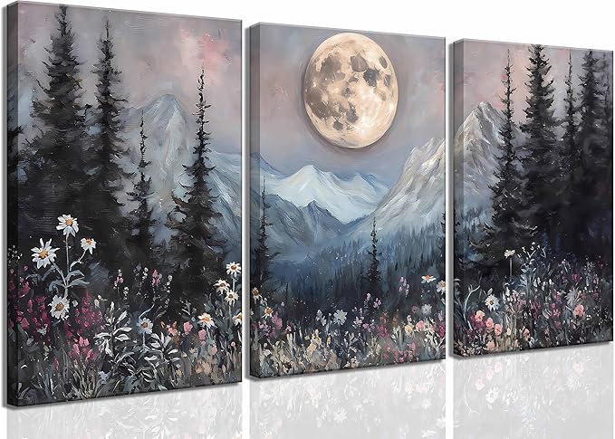 3Pcs Full Moon Forest Canvas Wall Art Moody Dark Forest Moonlit Pine Tree Mountains Wildflowers Wall Decor Wildflower Moon Poster Print Artwork for Bedroom Living Room Decoration
