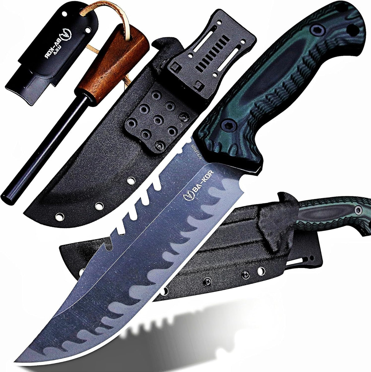 BA-KOR 12.4in Full Tang Fixed Blade Hunting Knife – 6mm 9CR18MoV Steel, G10 Handle, Stonewashed Sawback Blade with Kydex Sheath & Fire Starter for Outdoor, Camping, Survival (Green and black stripes)